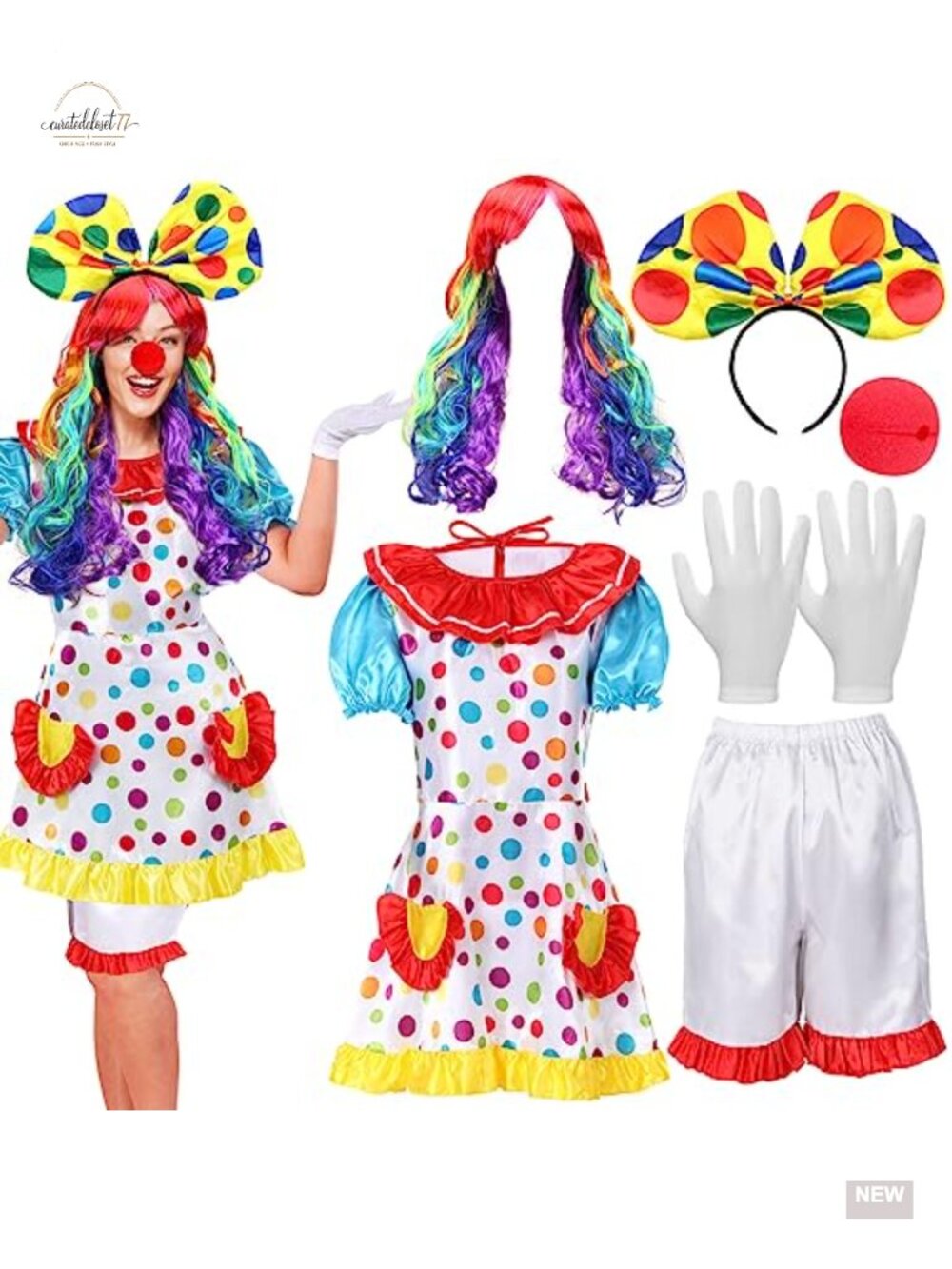6 Pc Clown Costume Set Women's Cosplay Dress Shorts Wig Gloves Nose